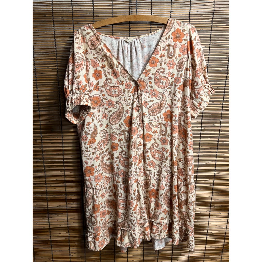Oak Meadow Linen Paisley Floral Tiered Mini Dress V-Neck Boho Pink Orange